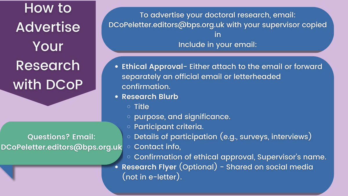 DCoP (@dcopuk) on Twitter photo Looking for participants for your #CounsellingPsychology doctoral research? We can help!
📢Email DCoPeletter.editors@bps.org.uk with your supervisor copied in, your ethical approval, and a research blurb.
Let’s get the word out about your work! 💡 #TraineeResearch Looking for participants for your #CounsellingPsychology doctoral research? We can help!
📢Email DCoPeletter.editors@bps.org.uk with your supervisor copied in, your ethical approval, and a research blurb.
Let’s get the word out about your work! 💡 #TraineeResearch