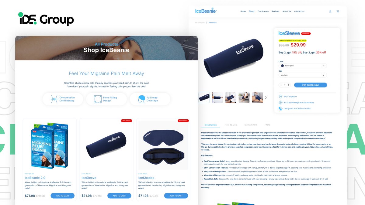 ITDevStaff's tweet image. ✨ Excited to share a new project!

Our IDS Group team developed product pages for the IceBeanie Shopify store, bringing their innovative cold therapy solutions online 👉 icebeanie.com 

#WebDevelopment #eCommerce #WordPress #Shopify