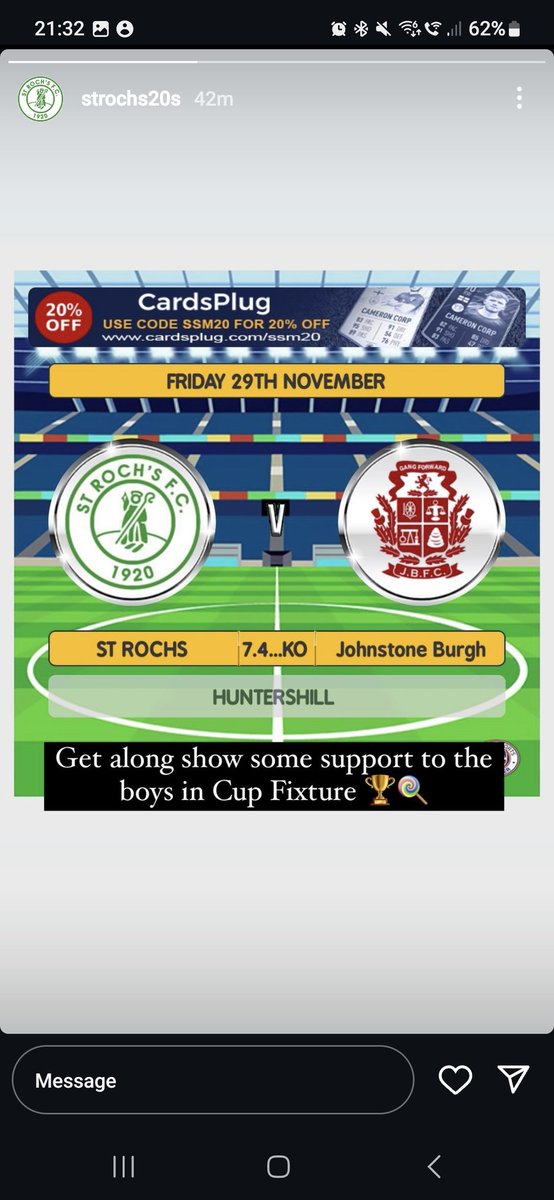 St Rochs 20s (@strochs20s) on Twitter photo Tomorrow night, we are at home in the cup in what should be a very good game vs <a href="/BurghU20/">Johnstone Burgh U20 Development</a> get the long John's on and get along support the boys.
<a href="/Candykendo/">St.Rochs Kendo</a> <a href="/SRochs2014/">STRochs2014</a> <a href="/StRochsAFC/">St Roch’s AFC</a> <a href="/StRochsJuniors/">St Roch's FC</a> <a href="/StRochsAcademy_/">St Roch’s Academy</a> <a href="/StRochs2013s/">St Roch’s 2013</a> Tomorrow night, we are at home in the cup in what should be a very good game vs <a href="/BurghU20/">Johnstone Burgh U20 Development</a> get the long John's on and get along support the boys.
<a href="/Candykendo/">St.Rochs Kendo</a> <a href="/SRochs2014/">STRochs2014</a> <a href="/StRochsAFC/">St Roch’s AFC</a> <a href="/StRochsJuniors/">St Roch's FC</a> <a href="/StRochsAcademy_/">St Roch’s Academy</a> <a href="/StRochs2013s/">St Roch’s 2013</a>
