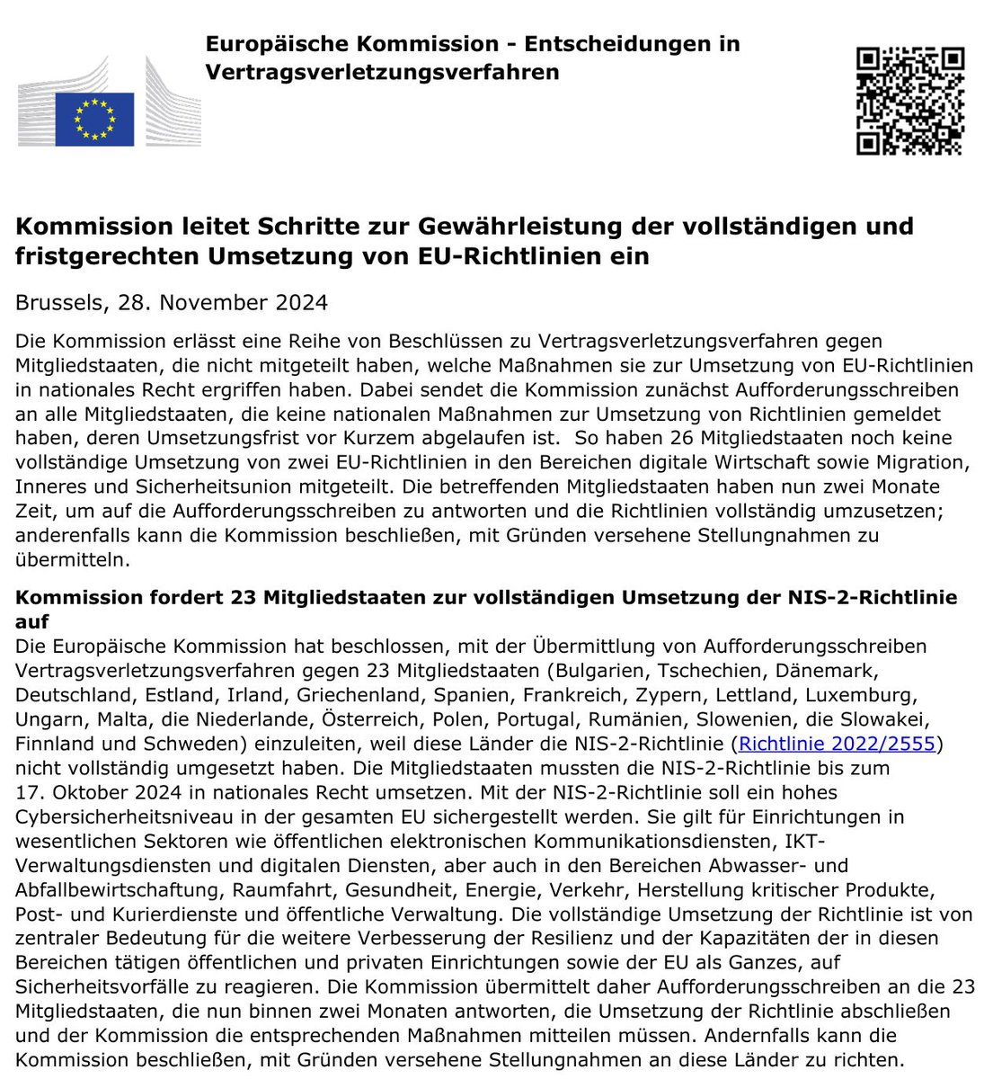 Dennis_Kipker's tweet image. Es ist gekommen, wie es kommen musste: Heute hat die #EU ein #Vertragsverletzungsverfahren wegen #NIS2 eingeleitet. Jetzt darf man nur hoffen, dass es weitergeht – die #Bedrohungslage ist da, NIS2 gibt es bereits seit 2022 – worauf also noch warten?
ec.europa.eu/commission/pre…