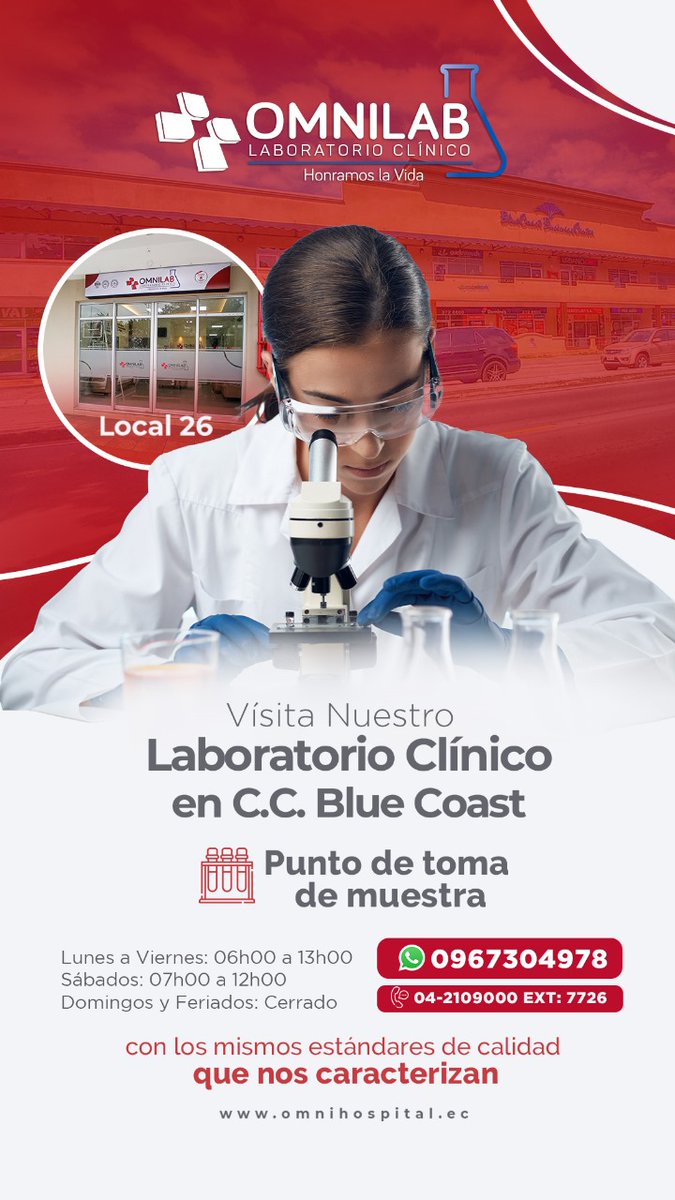 🔬✨ ¡En OmniLab de <a href="/omnihospital/">Omni Hospital</a> cuidamos de tu salud con los mejores especialistas y tecnología de punta! Realiza tus exámenes de laboratorio y agenda tus citas médicas con facilidad.

Estamos más cerca de ti, en nuestra sede #C.CBlueCoast, ubicada en #ViaALaCosta, Local 26 🏙️.