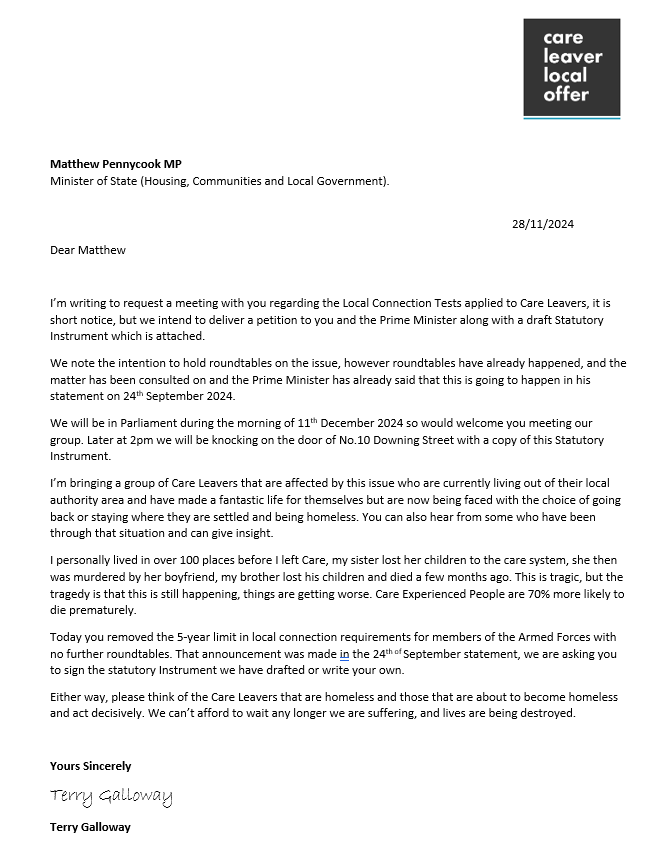 Terry Galloway (@terrygalloway) on Twitter photo "Care Leavers heard your promise. Lives are at stake—act now to remove Local Connection Tests. The time for delay is over. #KeepYourWord
<a href="/Keir_Starmer/">Keir Starmer</a> <a href="/mtpennycook/">Matthew Pennycook MP</a> "Care Leavers heard your promise. Lives are at stake—act now to remove Local Connection Tests. The time for delay is over. #KeepYourWord
<a href="/Keir_Starmer/">Keir Starmer</a> <a href="/mtpennycook/">Matthew Pennycook MP</a>