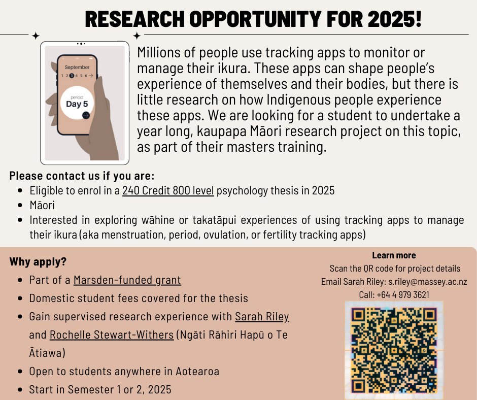 Menstruation Tracking Apps, Bodies & Identities (@trackingbodies) on Twitter photo 🎓 Research Opportunity 2025
Explore wāhine or takatāpui experiences of using tracking apps to manage their ikura in a kaupapa Māori project!
👉See flyer for more details!
<a href="/sarahrileybrown/">Sarah Riley</a> <a href="/CullenHealy/">Dr Siobhán Healy-Cullen</a> 🎓 Research Opportunity 2025
Explore wāhine or takatāpui experiences of using tracking apps to manage their ikura in a kaupapa Māori project!
👉See flyer for more details!
<a href="/sarahrileybrown/">Sarah Riley</a> <a href="/CullenHealy/">Dr Siobhán Healy-Cullen</a>