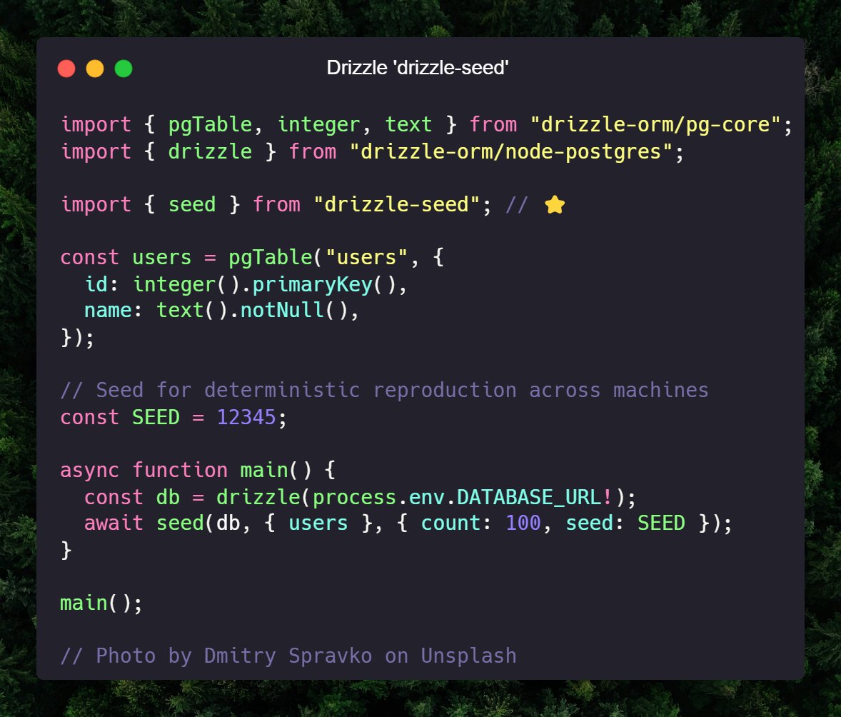 bhuynhdev's tweet photo. More reason to love @DrizzleORM for me:🆕 "drizzle-seed" just dropped last week 🌱

- Just pass in your schema
- Intelligent default generators
- Ability to further refine generation
- Seed relationships too
- Utility to reset whole table

drizzle-seed now on Drizzle 0.36.4! https://t.co/ZsfXYJpW7n
