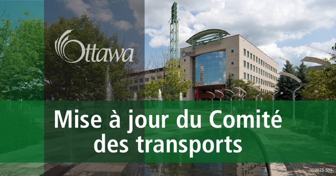 Illustration sur laquelle on aperçoit l’hôtel de ville d’Ottawa à l’arrière-plan. Au premier plan figurent un trait gris vertical et un trait vert foncé horizontal. L’inscription « Mise à jour du Comité des transports » est au centre.