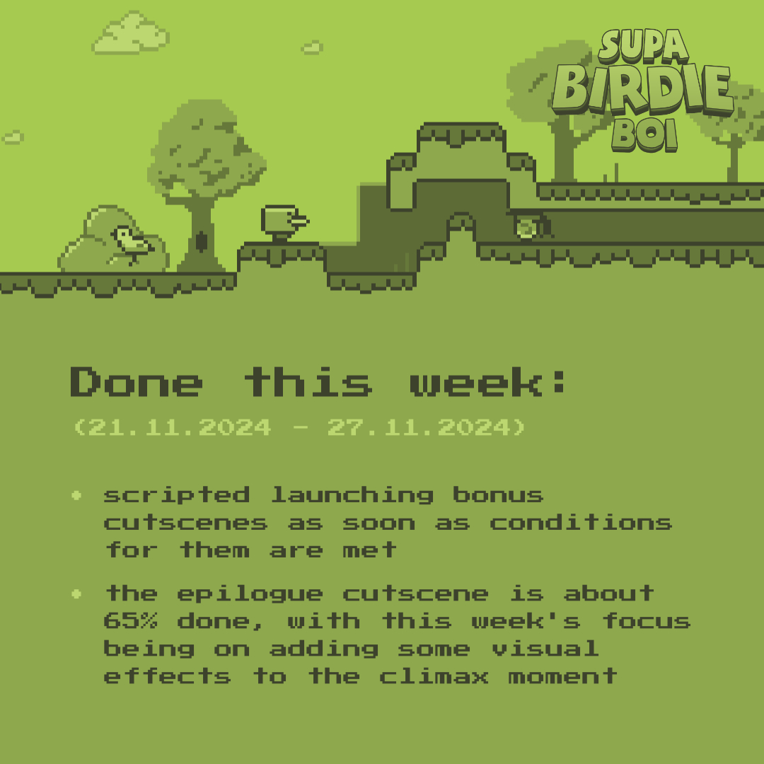 SupaBirdieBoi's tweet photo. The cutscene system is done. The epilogue cutscene is being done.
Not much else to say, aside from steady progress. #DoneThisWeek
.
.
.
.
So, how's your weather?

#SupaBirdieBoi #indiegame #indiedev #gamedev https://t.co/WdUYEcgY54