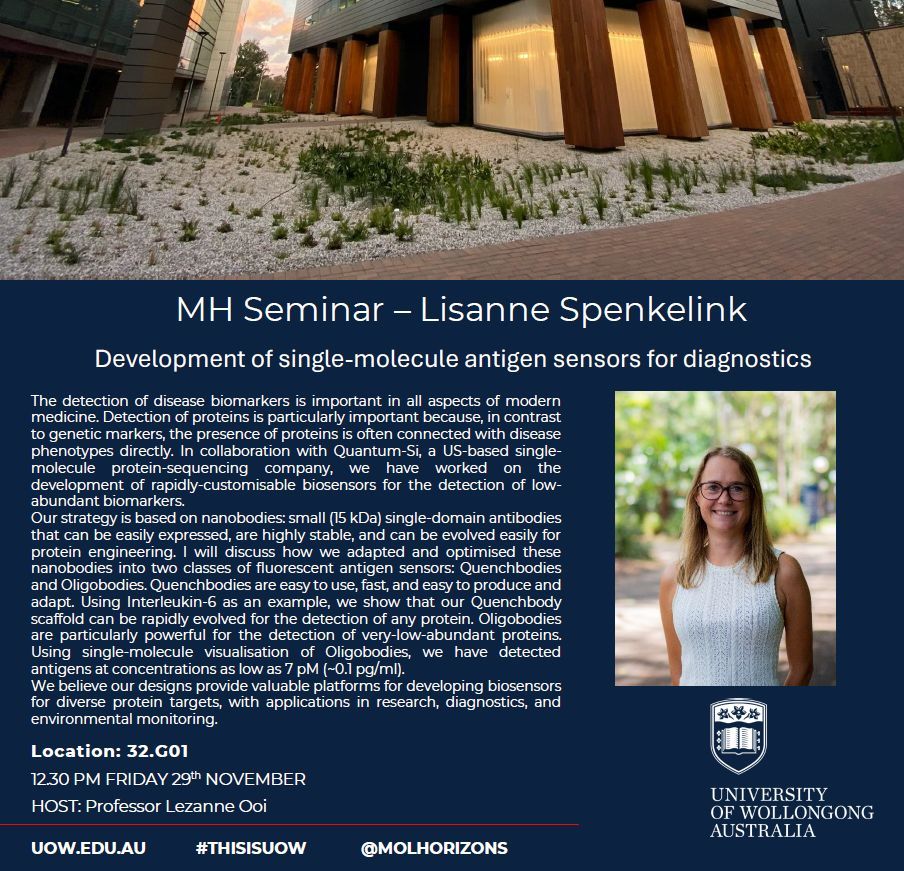 Molecular Horizons @ UOW (@molhorizons) on Twitter photo Seminar today at 12.30pm in 32-G01 or online via Zoom!
Join us for Dr Lisanne Spenkelink's seminar titled 'Development of single-molecule antigen sensors for diagnostics'
<a href="/uowresearch/">UOW Research</a> #MHSeminarSeries Seminar today at 12.30pm in 32-G01 or online via Zoom!
Join us for Dr Lisanne Spenkelink's seminar titled 'Development of single-molecule antigen sensors for diagnostics'
<a href="/uowresearch/">UOW Research</a> #MHSeminarSeries