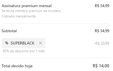 🚨 BLACKFRIDAY NA INVOKERS

Literalmente convenci meu sócio a dar um desconto de 60% pra vocês no plano premium e ele quase me xingou.

Essa promoção é por tempo limitado e o cupom ficará válido durante 24h.

✅ Acesso a todos os nossos conteúdos exclusivos (60 horas+) com duas