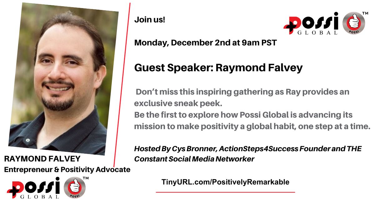 CysBronner's tweet photo. #Entrepreneur and Positivity Advocate Raymond Falvey provides an exclusive sneak peek. Discover how Possi Global is advancing its mission to make #positivity a global habit, one step at a time.
Monday, December 2nd
9:00 AM PT

https://t.co/qTxkwNBU0W https://t.co/7VqLUEvDeC