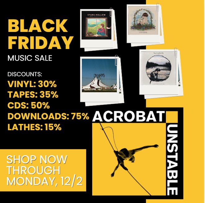Hey, it’s us, your least stable decision makers. Black Friday/Cyber Monday is here, so we're ruining our margins so you can ruin your ears: 
Vinyl: 30% off, Tapes: 35% off, CDs: 50% off, Downloads: 75% off, Lathes: 15% off

Cop some merch at acrobatunstable.com