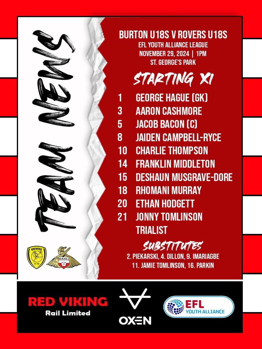 TEAM NEWS | Paul Green has named his Rovers U18s side to take on <a href="/BAFCAcademy/">Burton Albion FC Academy</a> in the EFL Youth Alliance League.

COME ON, ROVERS!!! 🔴⚪️

#DRFC | #MadeInDoncaster