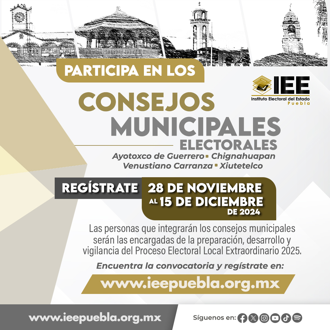 🙋‍♂️🙋‍♀️ Intégrate al equipo del #IEEPuebla y forma parte de las ciudadanas y ciudadanos que desarrollarán el #PELE2025 en los municipios de Ayotoxco de Guerrero, Chignahuapan, Venustiano Carranza y Xiutetelco.
📆Tienes hasta el próximo 15 de diciembre de 2024
ieepuebla.org.mx/2024/municipal/