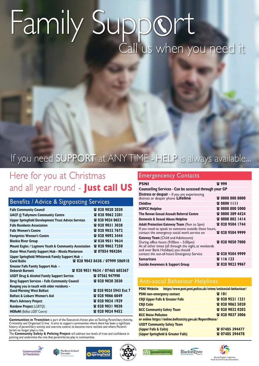 Some useful contact details in the run-up to Christmas.

If you or someone you know is struggling please feel free to contact our page and we will do our best to help or signpost you in the right direction 💚
<a href="/ExecOfficeNI/">The Executive Office</a> <a href="/USDT2/">Upper Springfield Development Trust</a> <a href="/nihecommunity/">Housing Executive</a> <a href="/RadiusHousing/">Radius Housing</a>