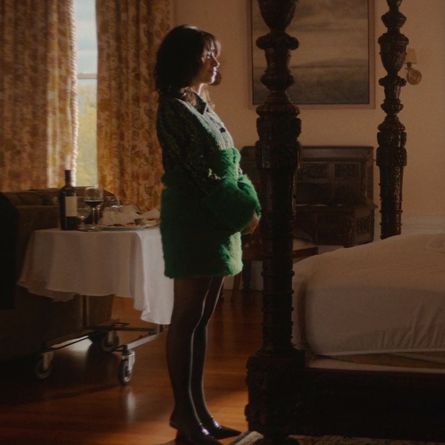 The Penguin 1x03 - Bliss Sofia Falcone wearing a green patterned outfit,  showing her adaptability to Gotham's urban jungle.