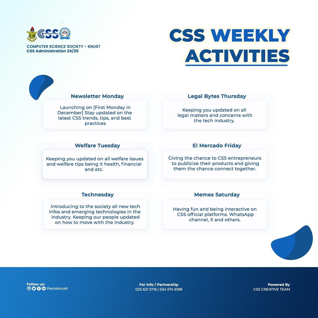 thecssknust's tweet photo. 📍📍Exciting news📍📍

Our Weekly Lineup is here to keep you informed and entertained:

- 📰 Newsletter Monday
- 🤝 Welfare Tuesday 
- 💻 Technesday
- ⚖️ Legal Bytes Thursday
- 🛍️ El Mercado Friday
- 😂 Memes Saturday

Join us and let’s make CSS fun! 

#cssknust #weeklylineup https://t.co/r4wBqIF8to