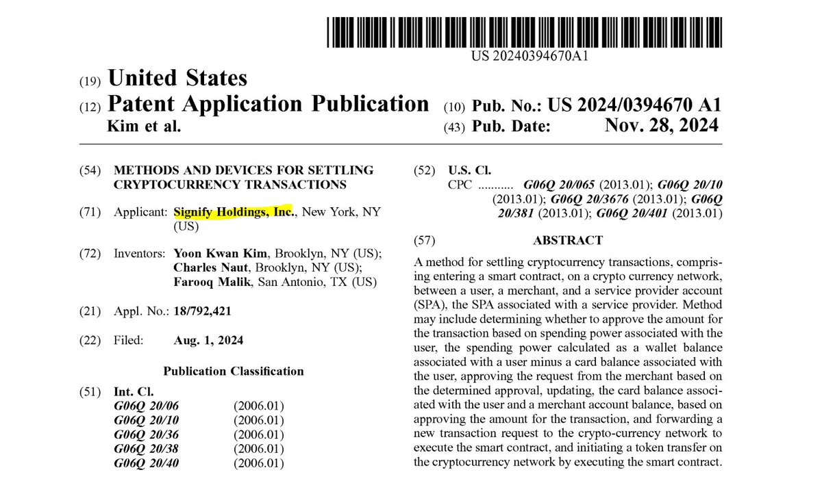 BaronofLoxley's tweet image. #ALGORAND 👀#SIGNIFY (formerly PHILIPS), world leader in intelligent lighting solutions, receives US Patent Grant for &quot;METHODS AND DEVICES FOR SETTLING CRYPTOCURRENCY TRANSACTIONS&quot;. Patent contemplates (1) Signify entry into crypto; and (2) support for USDC on ALGORAND .…