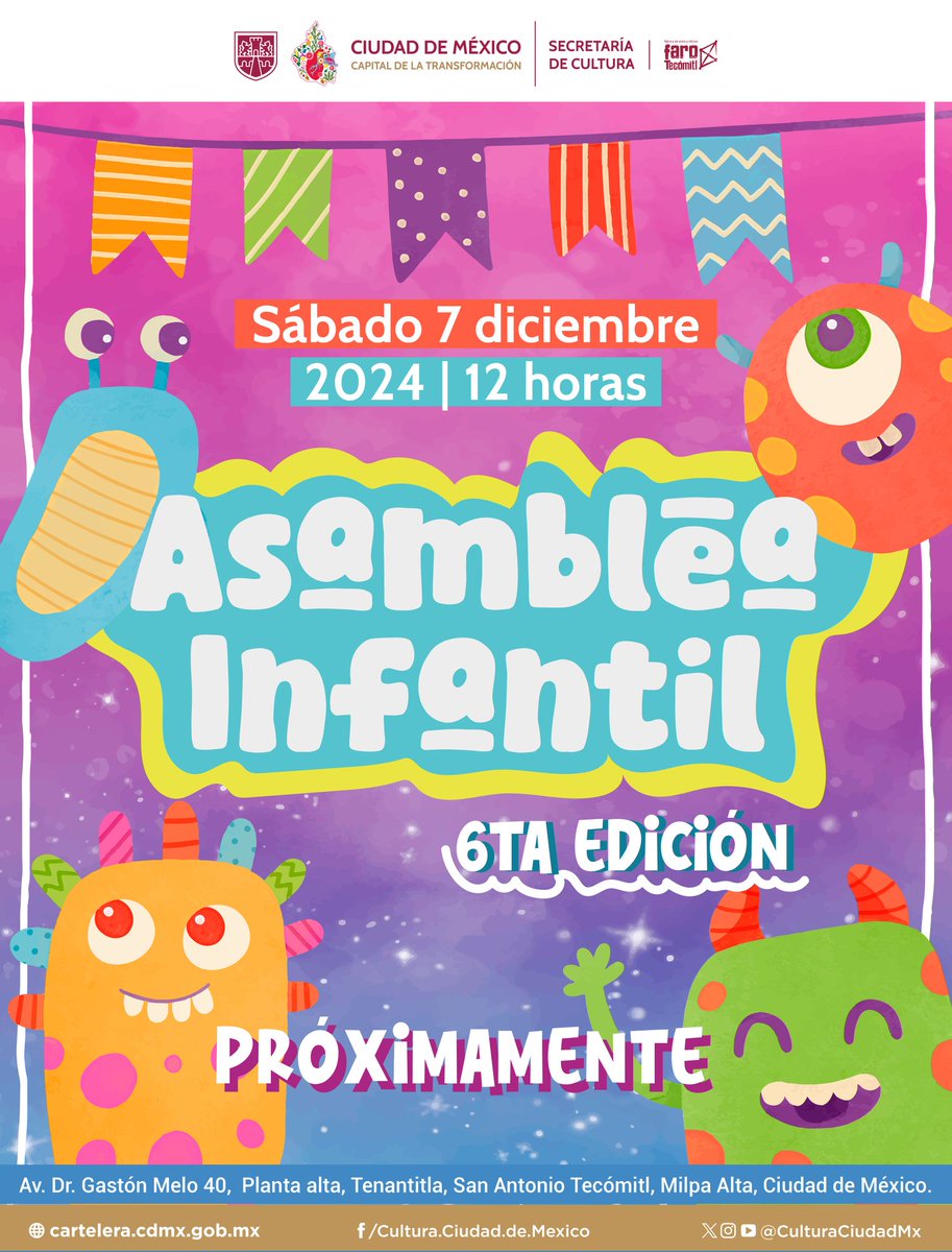 𝟲° 𝗔𝗦𝗔𝗠𝗕𝗟𝗘𝗔 𝗗𝗘 𝗥𝗘𝗣𝗥𝗘𝗦𝗘𝗡𝗧𝗔𝗖𝗜𝗢́𝗡 𝗜𝗡𝗙𝗔𝗡𝗧𝗜𝗟🧒🏻 👧🏻🎈
Dónde los peques podrán expresarse por medio de juegos, obras de teatro, charlas y más actividades para conocer acerca de sus derechos, su identidad y el arte. 🎨🖌️

¡PRÓXIMAMENTE! 😃

#FaroTecómitl