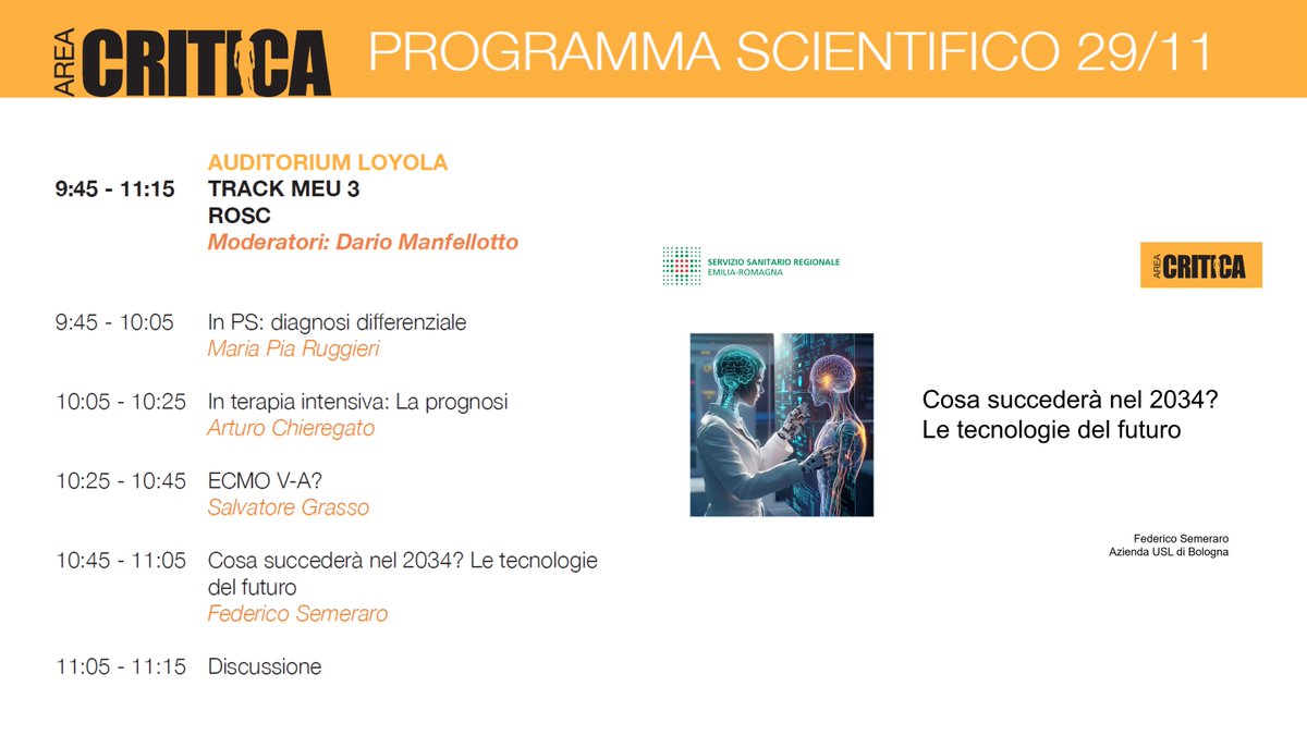 📢 Area Critica😎 See you tomorrow 🫀 
Un ringraziamento speciale agli organizzatori per l'invito! 🙏 Sarà un onore discutere del futuro delle tecnologie sanitarie con il mio intervento "Cosa succederà nel 2034? Le tecnologie del futuro".
Vi invito per esplorare insieme il