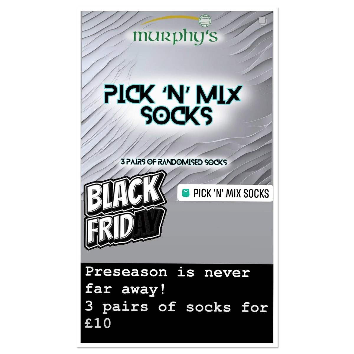 🎁Black Friday = Blackouts &amp; Blackouts strapless gloves 20% off starts at midnight for 24hours while stocks🖤
🎁Pick N Mix Gloves 3 pairs of random colours
prices from £9.99
🎁Pick N mix socks  3 pairs of Random colours £10 
🎁Precision Golf net  £30 murphysgaelicgloves.com