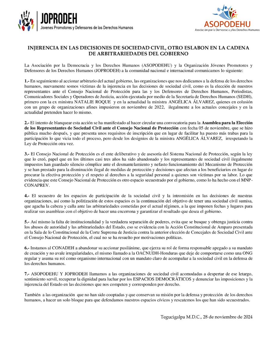 Honduras: Ministra de la SEDH Angélica Álvarez no siga violentando la Ley de Pootección , deje de meter las manos en los asuntos de sociedad civil.