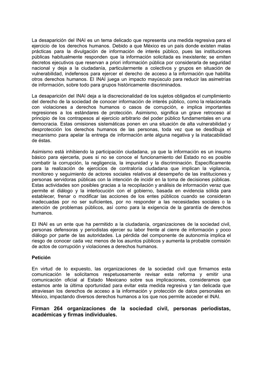 🚨Más de 2⃣5⃣0⃣ organizaciones y personas defensoras enviamos una carta a la relatora sobre la libertad de expresión de la <a href="/ONU_es/">Naciones Unidas</a>, alertamos de los impactos negativos al derecho a saber de la reforma que elimina al <a href="/INAImexico/">INAI</a>. 📢El <a href="/senadomexicano/">Senado de México</a> tiene la posibilidad de votar