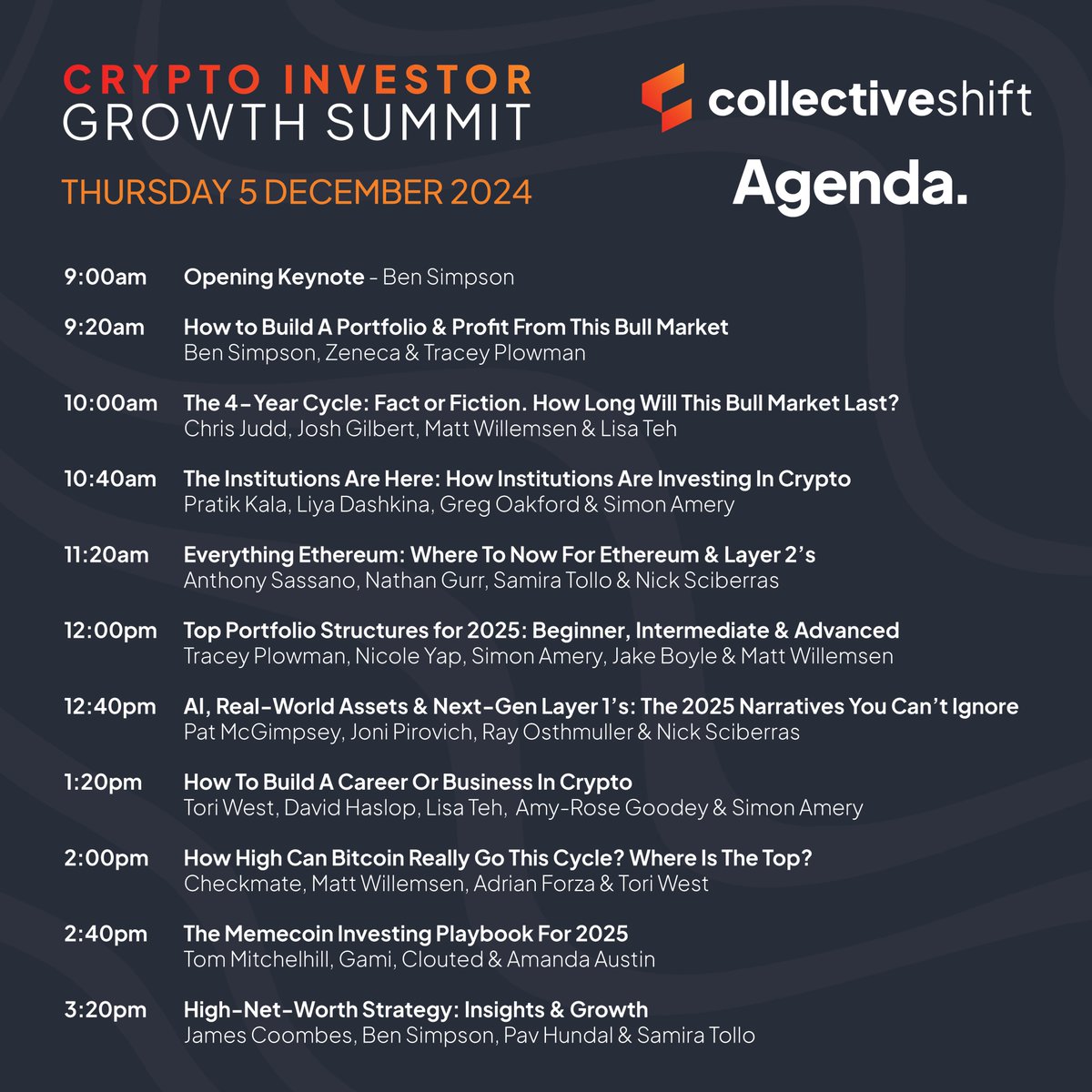 What an unbelievable lineup 🚀

Next week are bringing together 30+ of the top minds in crypto for the biggest Virtual FREE Crypto Investor Growth Summit ever.

No sponsors. No sales pitches. No fluff.

Just straight-up actionable insights to help YOU stay ahead of the game.