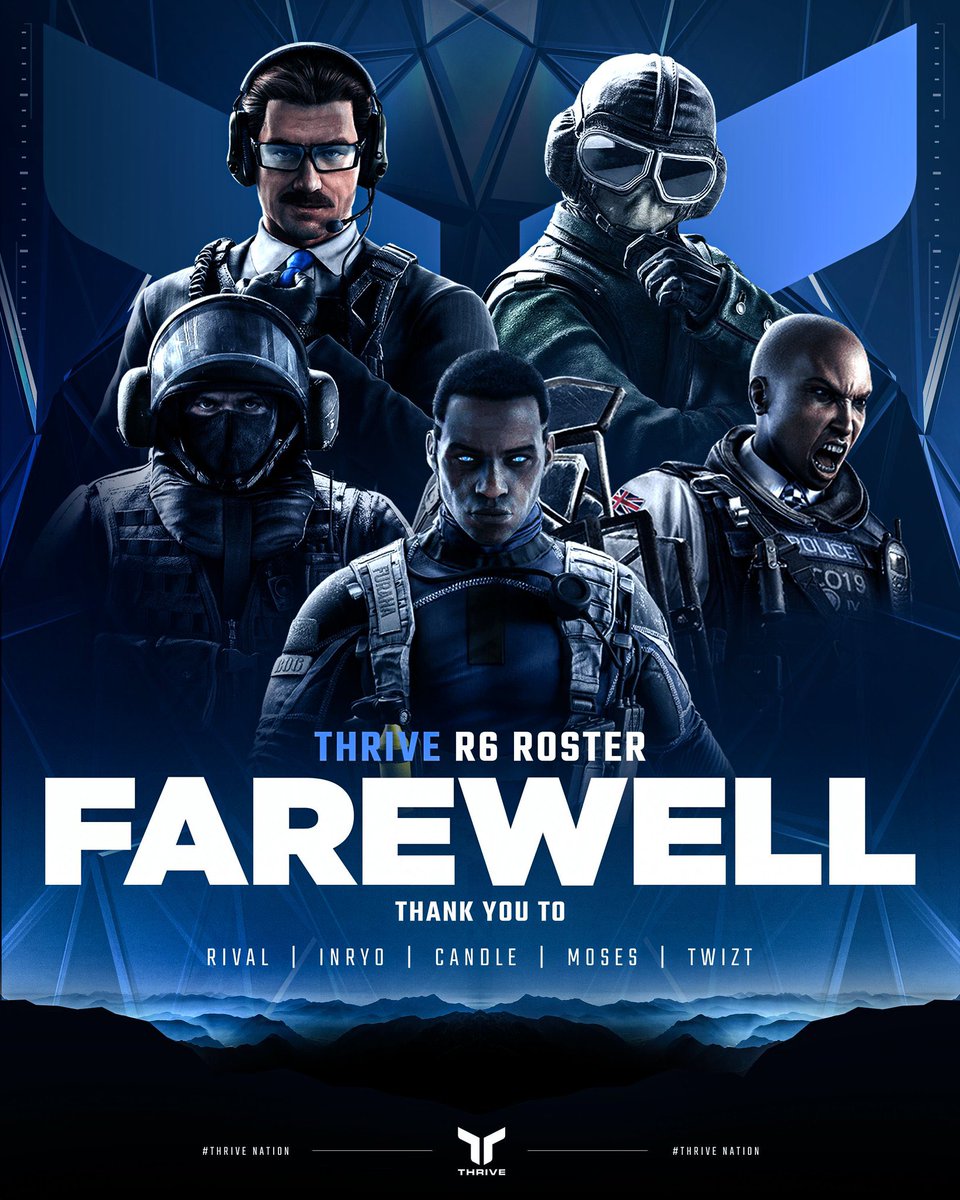 🔹FAREWELL🔹

Today, Thrive mutually parts ways with the active #ThriveR6 roster:

🔹<a href="/_Inryo/">.</a> 
🔹<a href="/Twiiztt/">Twiizt</a> 
🔹<a href="/Pmoses_/">Moses</a> 
🔹<a href="/ATKRival/">Rival</a> 
🔹<a href="/candleR6s/">Adam</a> 

🗣️ Head Coach: <a href="/KouiynR6/">Kouiyn</a> 

Wishing nothing but the best in there future endeavors and thank you for your contributions to Thrive.