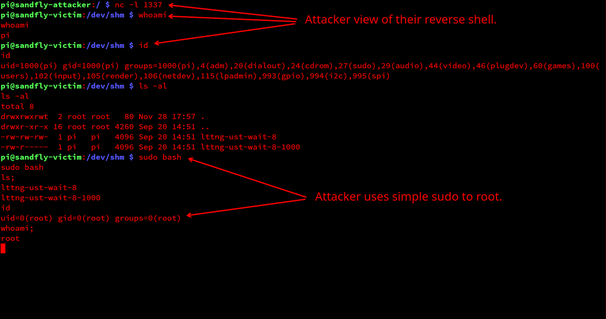 CraigHRowland's tweet photo. You can use the Linux peekfd command to spy on shells/processes. May be useful if investigating suspicious activity, but carries risk attacker may be alerted. 

peekfd -n -8 -d -c <PID> 0 1 2

Shell PID and 0,1,2 are file descriptors. This is what a reverse shell would show. https://t.co/IwZ2Rnpopk