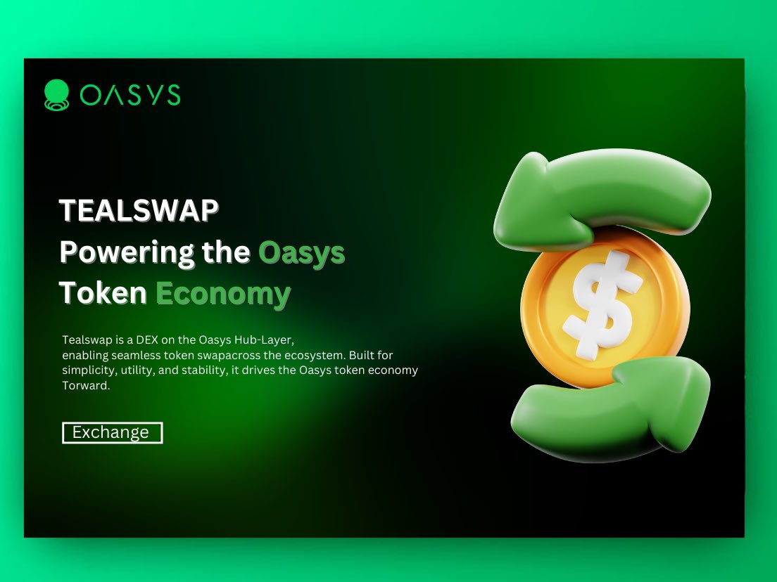 cryptobaps's tweet photo. Discover Tealswap on @Oasys_games:
the DEX that enables seamless token swaps across Hubs and Verses.
A decentralized AMM driving the Oasys token economy. Simple, reliable, and designed for growth. Jump in today!
#Oasys #DeFi #Tealswap https://t.co/8nPKuPpAsD