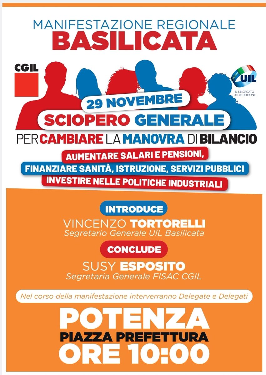 fisac_cgil's tweet photo. 🟥 Per cambiare la manovra, aumentare salari e pensioni, finanziare sanità, istruzione, servizi pubblici, investire nelle politiche industriali, oggi #29novembre è SCIOPERO GENERALE!
📌 Manifestazioni in 46 piazze, con Susy Esposito a Potenza
#NelSegnoDeiDiritti
#ScioperoCgilUil https://t.co/wrnWQuKKer