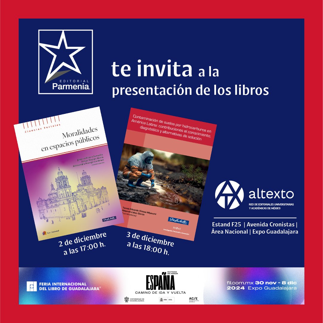 En los próximos días estaremos en la Feria Internacional del Libro de Guadalajara. 📚  A toda nuestra comunidad residente en esta bella ciudad los invitamos a la presentación del libro 'Moralidades en espacios públlicos' en el que se presenta una cuota colombiana de autores.
