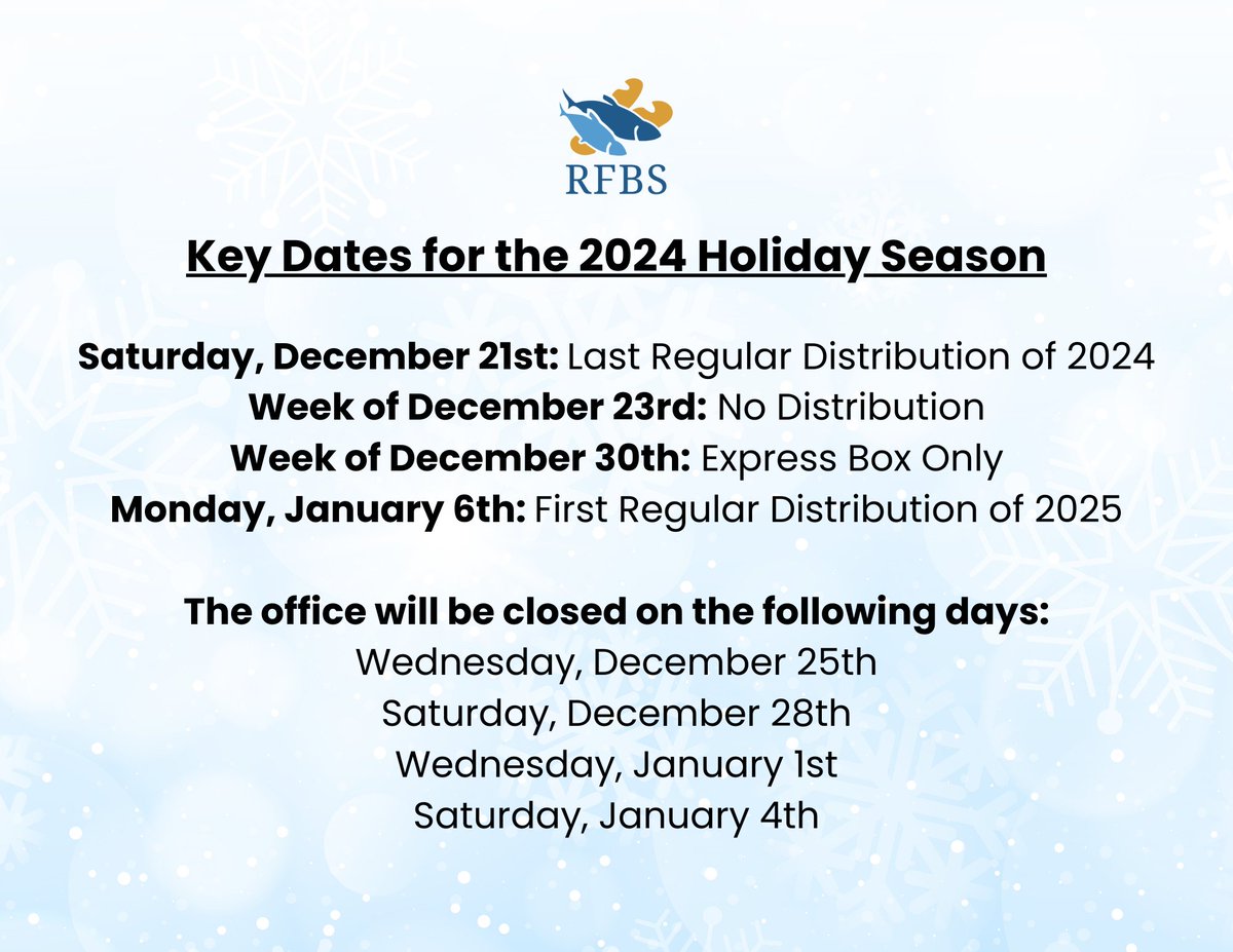 ❄️🎄 HOLIDAY HOURS: There will be NO grocery distribution from Mon, Dec 23 to Sat, Dec 28. Our first grocery distribution of 2025 will be on Monday, January 6th, 2025. 

Please visit our website for more info:
rfbs.org/december-2024-…