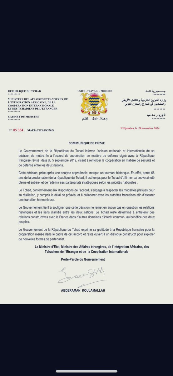🚨 Le Tchad rompt les accords de défense avec la France. Les bidasses français de nouveau chassés du Sahel. On avait prévenu. Prochain dégagement en téléchargement. Vous allez quitter notre continent, jusqu’au dernier soldat français… #FranceDegage