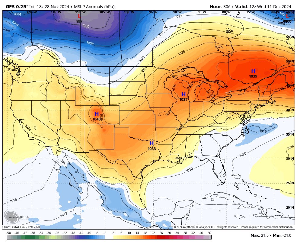 Mondzyabizness's tweet photo. Man if we can get a setup like this. Have that low off Virginia coast be stronger you have a big time storm for Dc to Philly. That high to the north is just about as perfect as you can get. #feb2010 vibes. https://t.co/2kXr7xWOL1