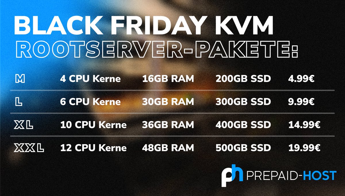 🔥 Black Friday bei Prepaid-Host! 🔥
Unsere KVM-Rootserver starten ab 4,99€/Monat:
💻 4 bis 12 CPU-Kerne
💾 16 bis 48 GB RAM
⚡ Nur solange der Vorrat reicht!
👉 Zuschlagen, bevor es zu spät ist: prepaid-host.com/aktion/black-f…