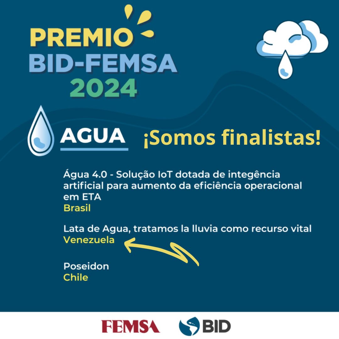 ¡Llegamos a la Final del #PremioBIDFEMSA 2024! #LataDeAgua quedó entre los 9 finalistas de este premio que reconoce soluciones innovadoras en #Agua #Saneamiento y #ResiduosSólidos en América Latina y el Caribe. Ahora a prepararse para el gran veredicto 🤞🏽
¡Felicitaciones a todos!