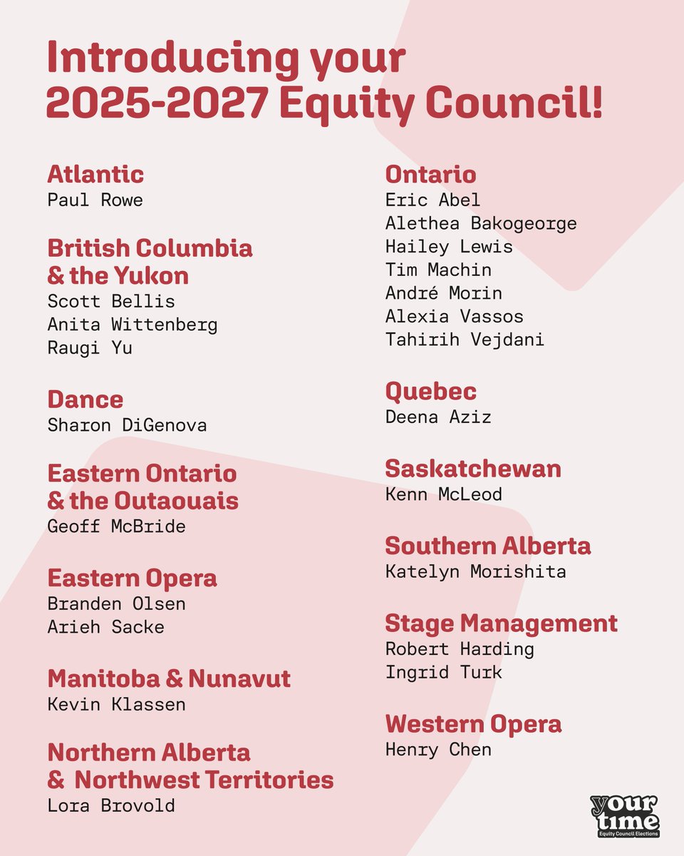 Introducing your 2025-2027 Equity Council!

These 23 members from across Canada, representing different regions and artistic disciplines, will form Equity’s leadership over the next 3 years.

Full election results with voter turnout are available online at caea.com/Council-Electi…