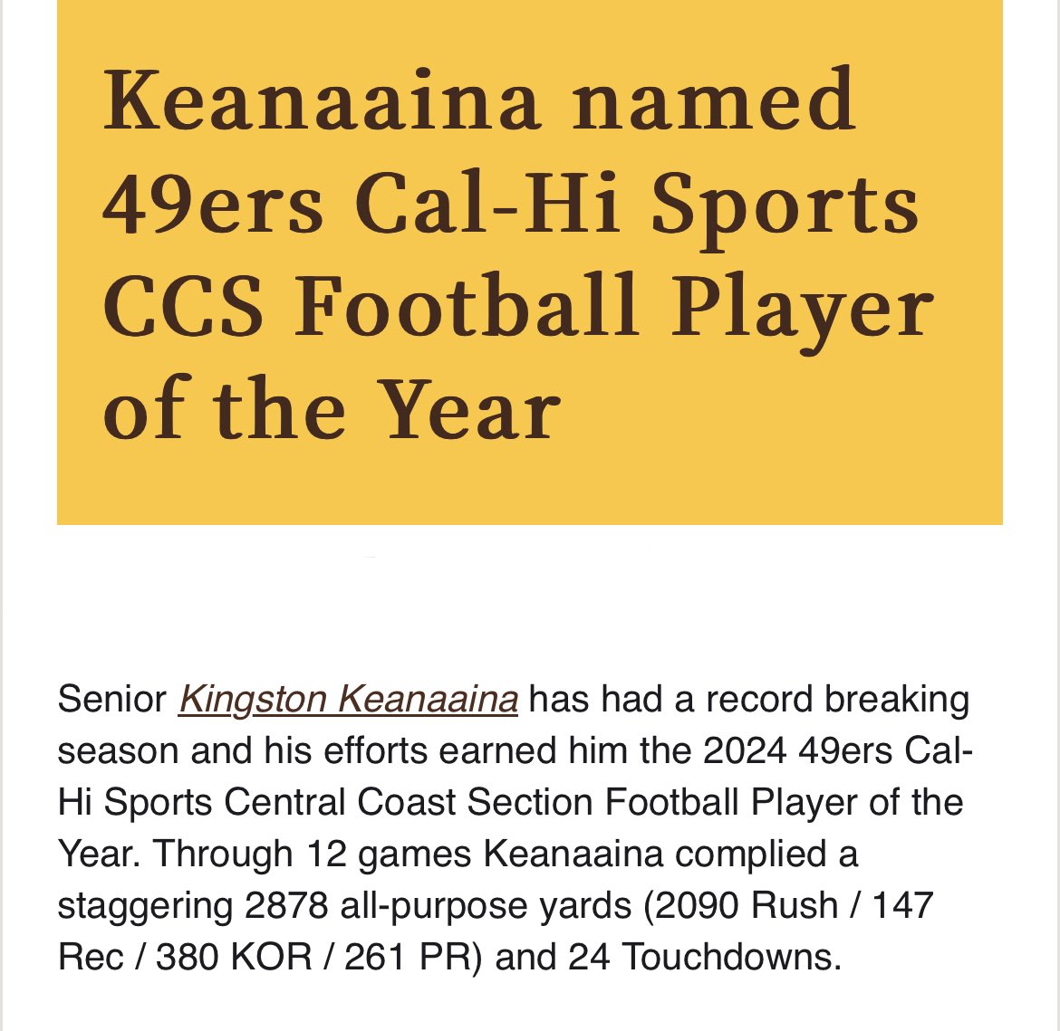KingKeanaaina's tweet photo. Blessed to have been named the 49ers Cal-Hi CCS Football Player of the Year!
@stfrancis_fb https://t.co/0cPP0oDr3h
