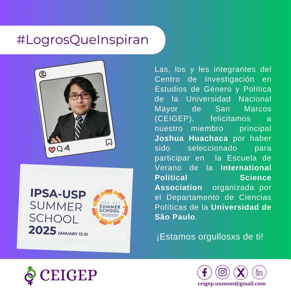 ceigep_unmsm's tweet photo. #LogrosQueInspiran
Desde el CEIGEP, expresamos nuestras felicitaciones a nuestro miembro principal, Joshua Huachaca, por haber sido seleccionado en la prestigiosa Escuela de Verano de la International Political Science Association, organizada por  la Universidad de São Paulo.💜💚 https://t.co/6K8sUpZ1LC