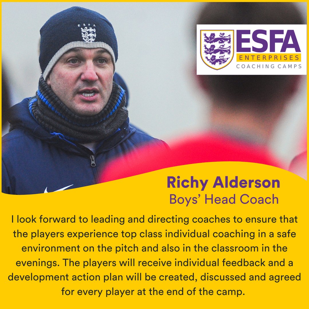 ⚽ Welcome On Board ⚽

We are delighted that @schoolsfootball England U18 Schoolboys' Manager, Richy Alderson will be overseeing the Boys' U14 Coaching Camp next Summer 💥

9️⃣ days left to register: esfaenterprises.com 

🟣🟡⚪