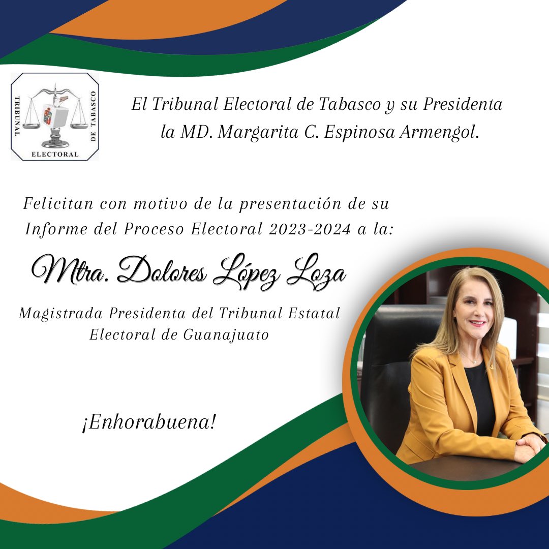 Tribunal Electoral de Tabasco (@te_tabasco) on Twitter photo El Pleno del #TET, encabezado por su Magda. Pdta. , la M.D. Margarita C. Espinosa Armengol, y todo el personal que lo conforman, felicitan a la Mtra.<a href="/lolitalopezloza/">María Dolores López Loza</a> , Magistrada Presidenta del <a href="/TEEGTO/">Tribunal Estatal Electoral de Guanajuato</a> , con motivo de su Informe del Proceso Electoral 2023- 2024.
¡Enhorabuena ! El Pleno del #TET, encabezado por su Magda. Pdta. , la M.D. Margarita C. Espinosa Armengol, y todo el personal que lo conforman, felicitan a la Mtra.<a href="/lolitalopezloza/">María Dolores López Loza</a> , Magistrada Presidenta del <a href="/TEEGTO/">Tribunal Estatal Electoral de Guanajuato</a> , con motivo de su Informe del Proceso Electoral 2023- 2024.
¡Enhorabuena !