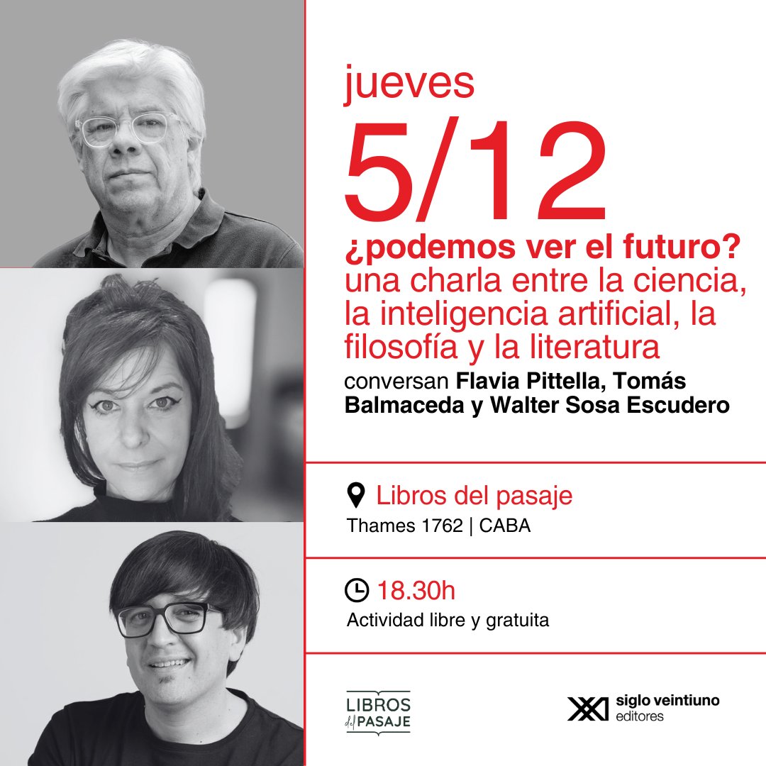 El jueves que viene en la hermosa <a href="/LibrosDelPasaje/">Libros del Pasaje</a> tenemos una mesaza 😍

<a href="/wsosaescudero/">Walter Sosa Escudero</a>, <a href="/capitanintriga/">Tomás Balmaceda</a> y <a href="/flaviapittella/">FlayDaniPittella💚🌟🌟🌟</a> van a conversar sobre si es posible predecir el futuro.

Una charla sobre las predicciones desde la ciencia, la filosofía y la literatura.