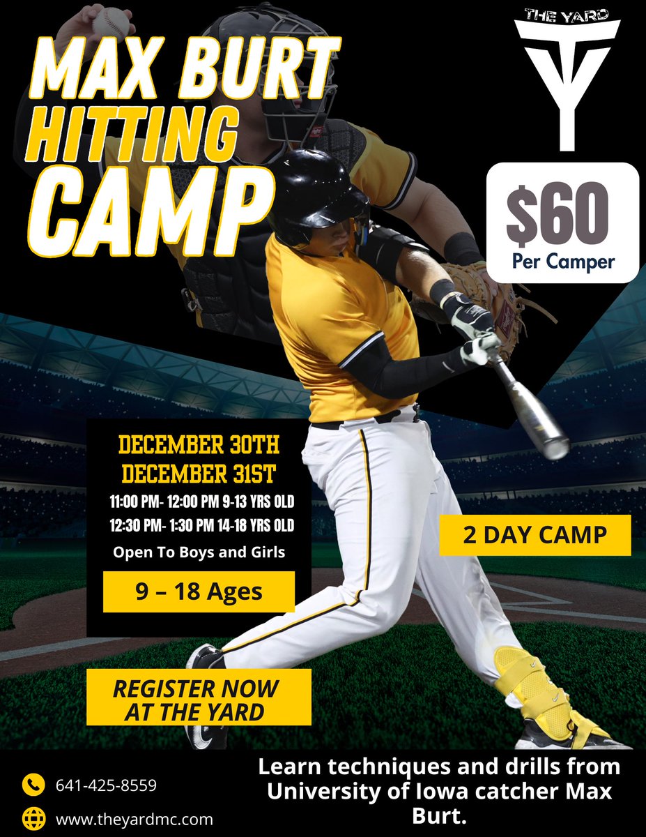 Learn hitting from current University of Iowa catcher Max Burt! This 2 day camp will teach fundamentals, drills and will include fun camp competitions! We promise that you won’t want to miss this opportunity! This is open to baseball and softball players! <a href="/iabaseball1/">IAbaseball</a> <a href="/maxeburt/">Max Burt</a>