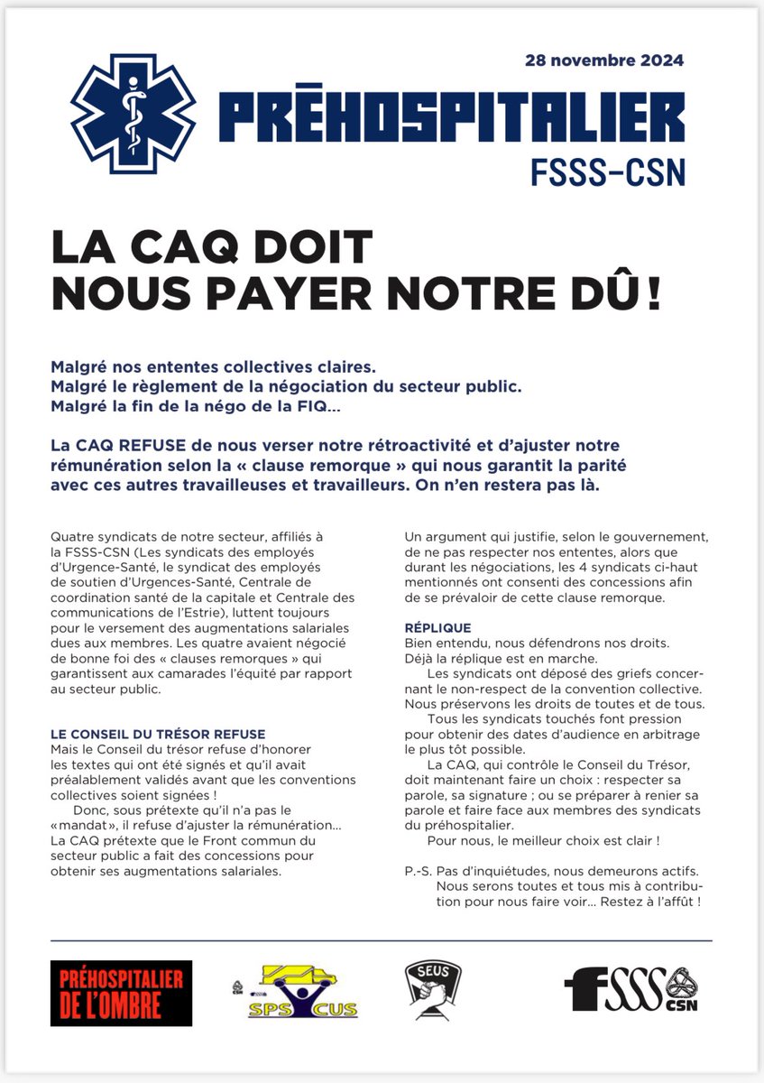 perrasc19's tweet photo. La #CAQ refuse de payer les sommes dues relatives aux clauses remorques négociées de bonne foi par les syndicats et les employés de la santé… @LP_LaPresse @LeDevoir @JdeMontreal @PaulPlamondon @GNadeauDubois @slebel19 @francoislegault @GGuilbaultCAQ https://t.co/u9wteiot1i