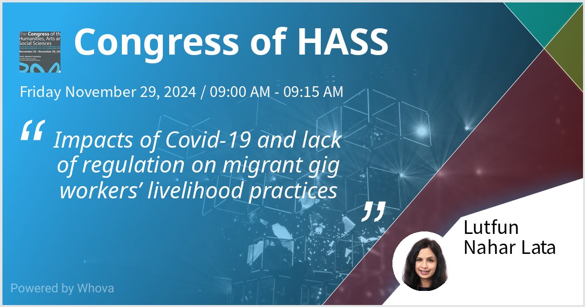 Lata1319's tweet image. I will be presenting my research on Impacts of Covid-19 and lack of regulation on migrant gig workers’ livelihood practices at #TASA2024  at 9am today. @CHASS_Aus - via #Whova event app