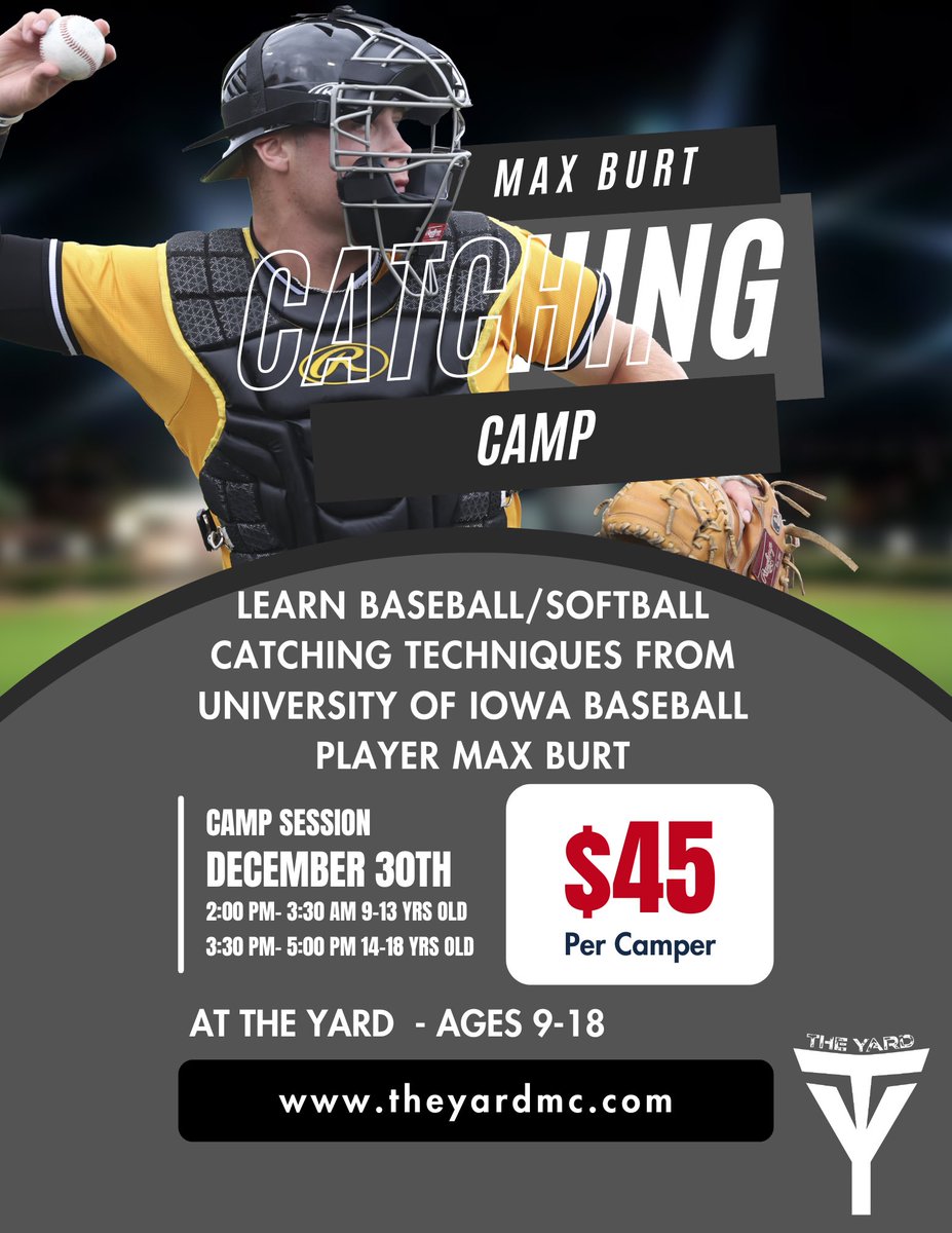 University of Iowa catcher Max Burt will be hosting a 1 day camp that you won’t want to miss out on! Learn the skills and drills that Max has used as a college catcher. These skills are applicable to both baseball and softball players. Get signed up now! <a href="/iabaseball1/">IAbaseball</a> <a href="/maxeburt/">Max Burt</a>