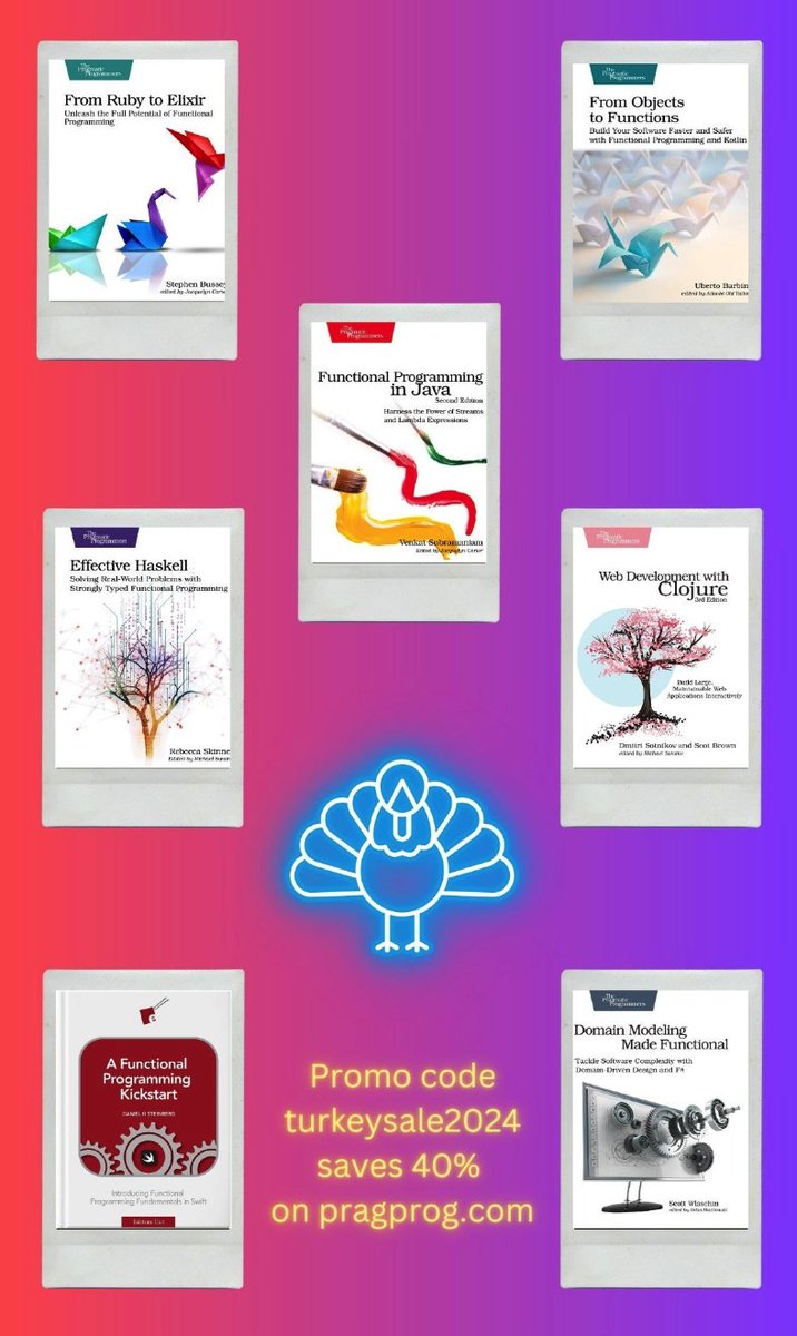 PragmaticProgrammers (@pragprog) on Twitter photo Save 40% on functional programming books in languages like Scala, Clojure, Haskell, Elixir, Java, and Kotlin w code turkeysale2024 on pragprog (link below)
#functionalprogramming
#haskell #scala #kotlin #java
#elm #elixir #pragprog #BooksWorthReading
@heybussey <a href="/ramtop/">Uberto Barbini @ramtop.bsky.social</a> Save 40% on functional programming books in languages like Scala, Clojure, Haskell, Elixir, Java, and Kotlin w code turkeysale2024 on pragprog (link below)
#functionalprogramming
#haskell #scala #kotlin #java
#elm #elixir #pragprog #BooksWorthReading
@heybussey <a href="/ramtop/">Uberto Barbini @ramtop.bsky.social</a>
