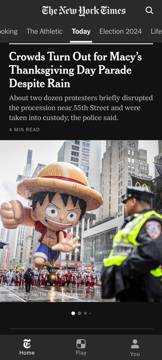 Some #ONEPIECE love from the <a href="/nytimes/">The New York Times</a>  #anime #toeianimation #thanksluffy2024 #MacysParade