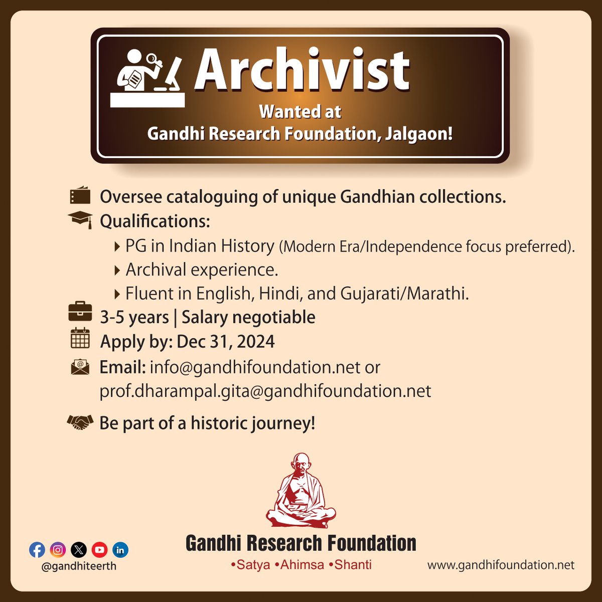 gandhiteerth's tweet photo. ARCHIVIST requirement
#gandhiancollection #cataloging #gandhi #gandhiji #mkg #mkgandhi #bapu #mahatma #mahatmagandhi #periodical #independance #indianhistory #historydocumentation #archive #archivist #indianhistory #history #GandhiResearchFoundation #Gandhiteerth https://t.co/4FdyLVZeRD