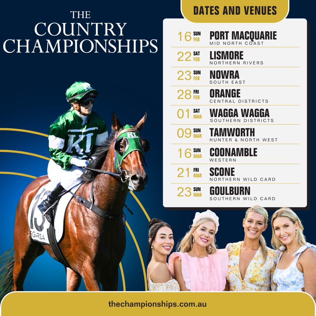 Our 2025 Country Championships hosts! 👏

Start your planning! It's going to be another outstanding series as the most promising country trained horses in the state compete for a place in the $1 million Final at Royal Randwick in April. 🤠